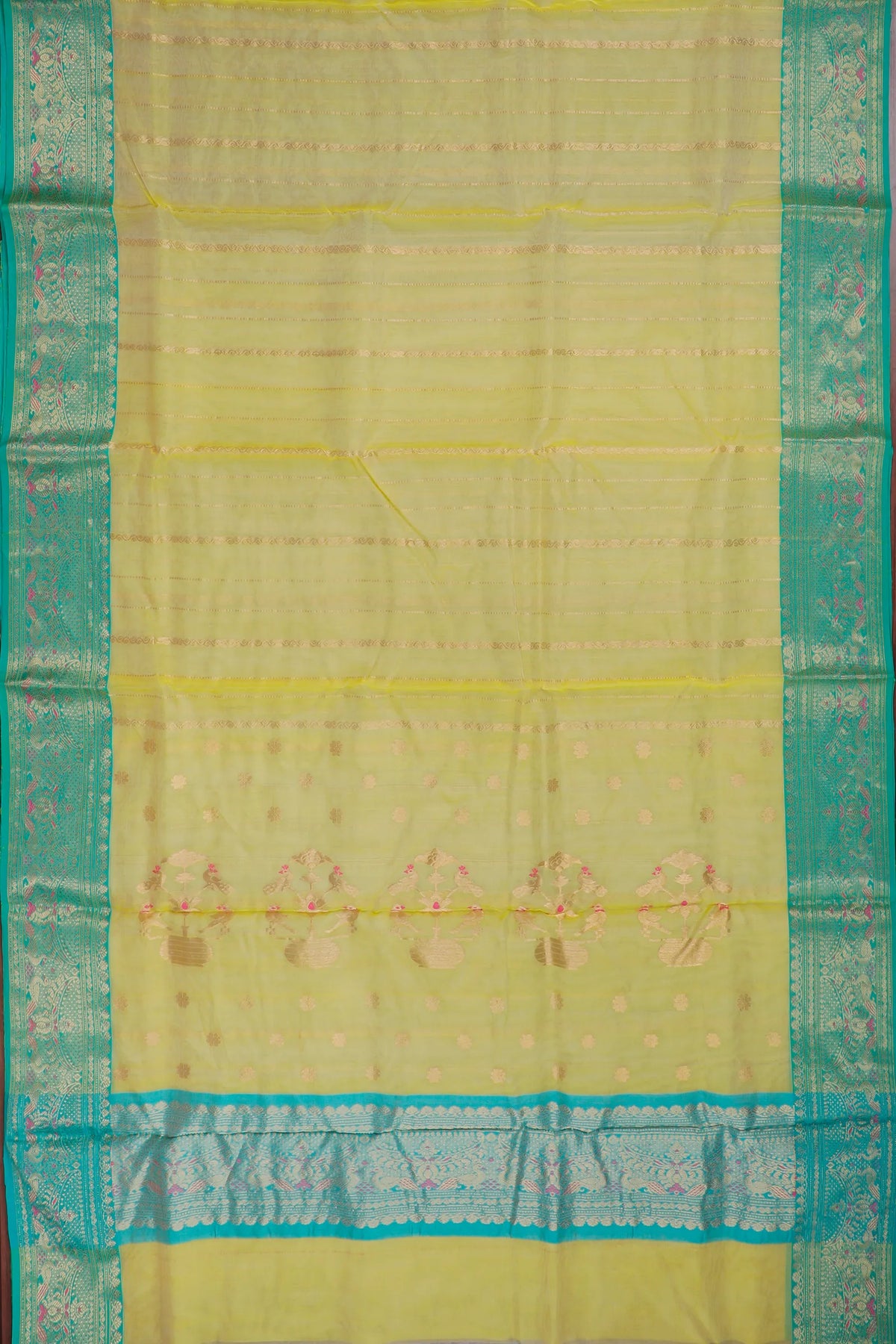 Lemon Yellow Handloom Pure Silk Striped Chanderi Saree