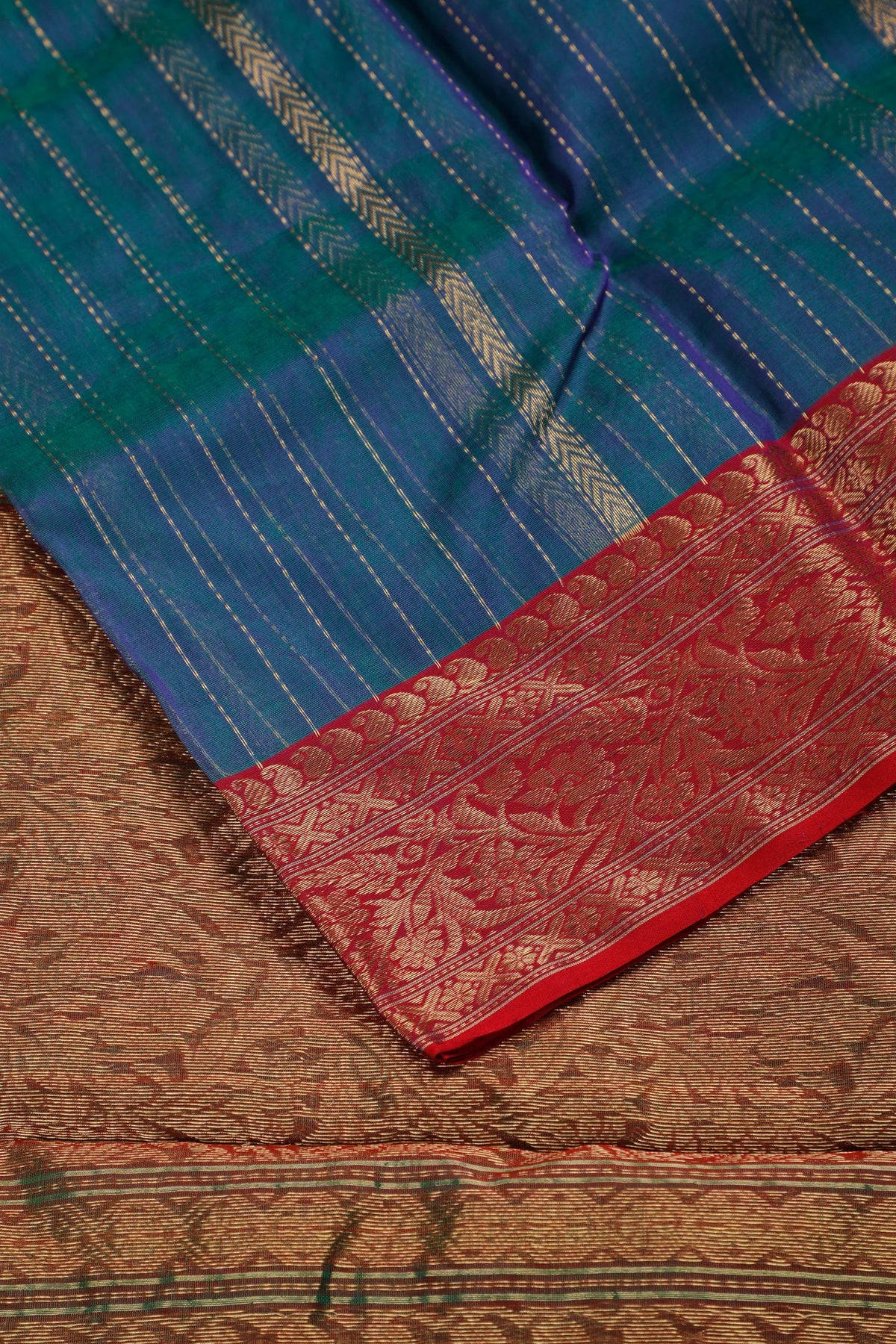 Peacock Blue Handloom Pure Silk Striped Chanderi Saree