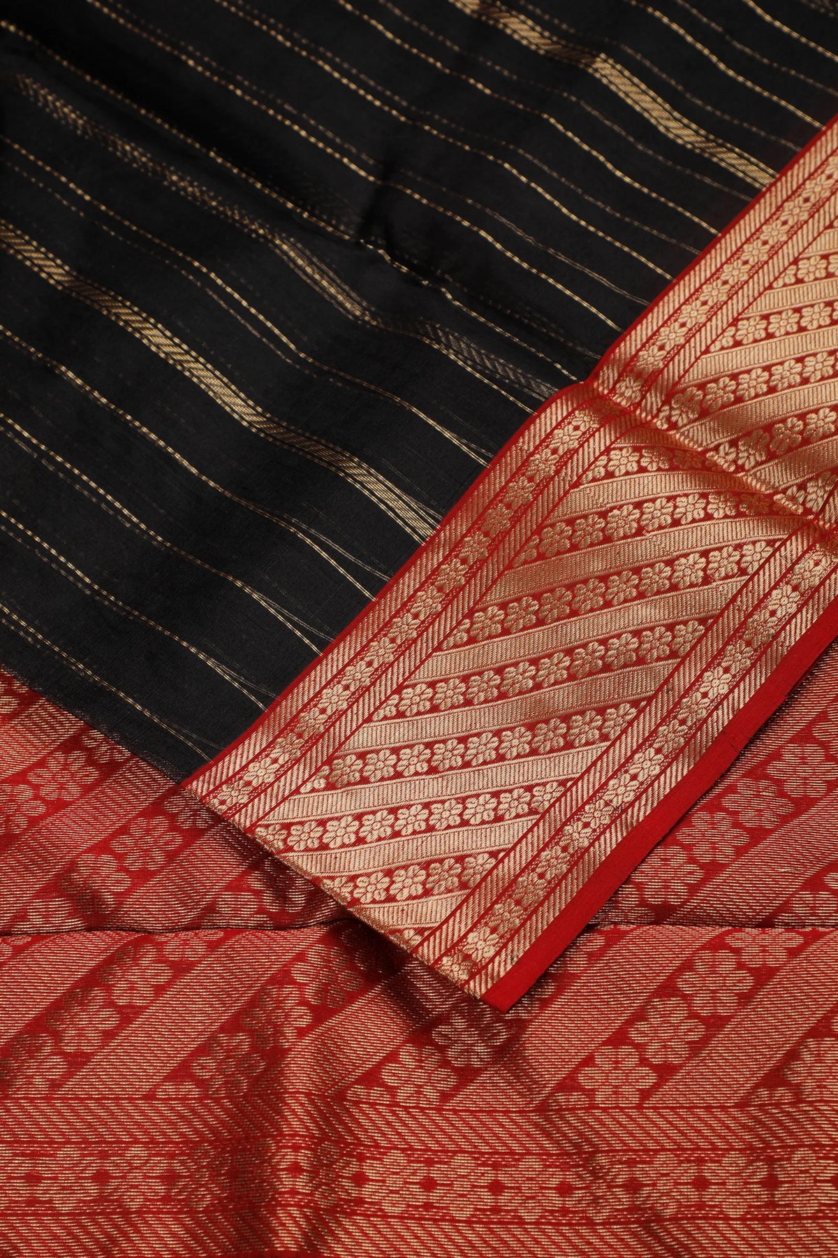 Black Handloom Pure Silk Striped Chanderi Saree