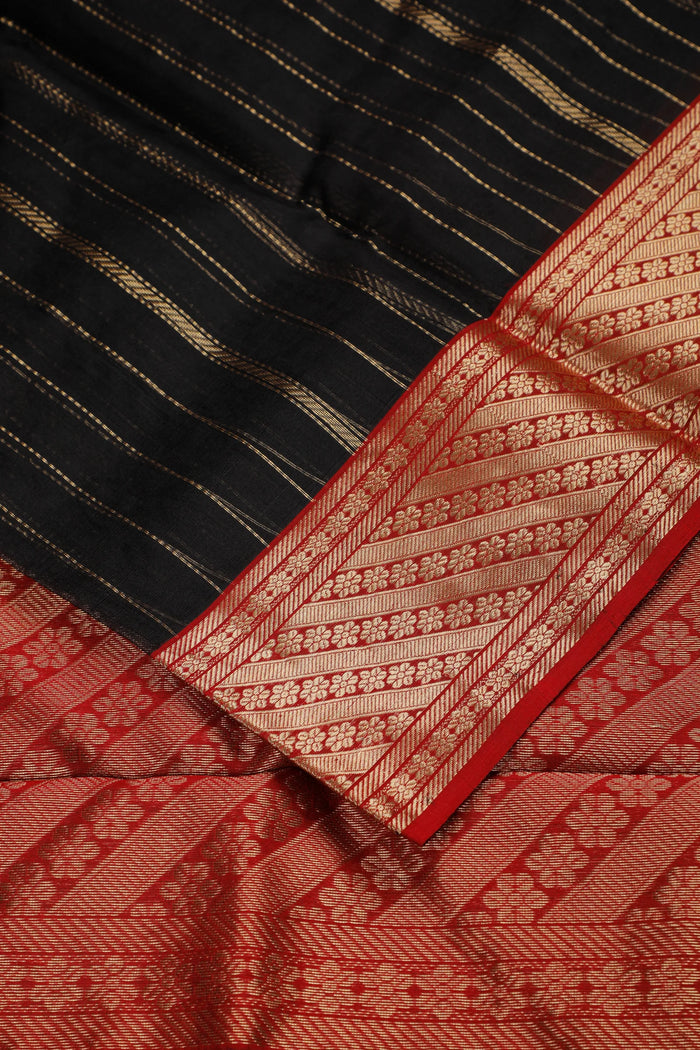 Black Handloom Pure Silk Striped Chanderi Saree
