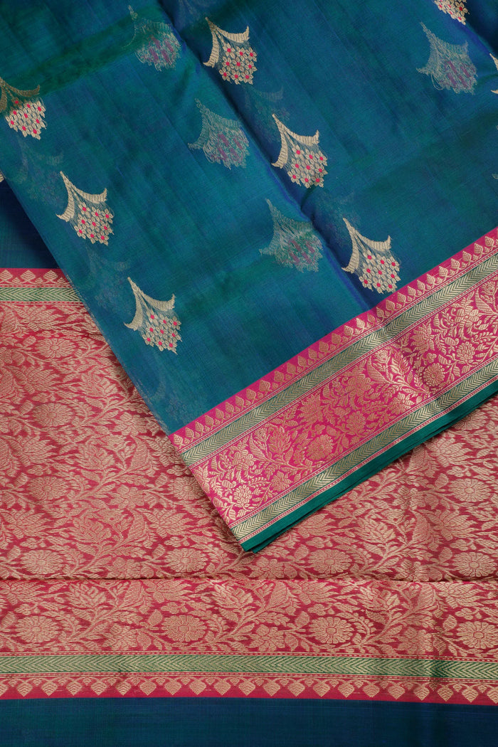 Peacock Blue Handloom Pure Silk Chanderi Saree - detail 1
