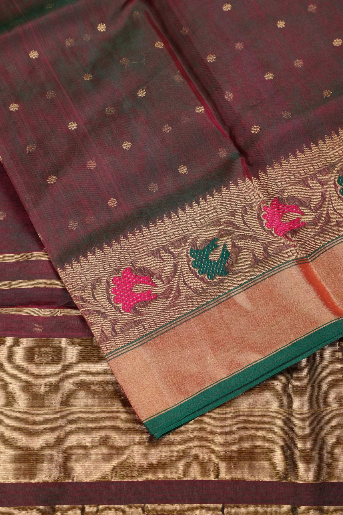 Dhoop Chaav Purple & Green Handloom Pure Silk Chanderi Saree