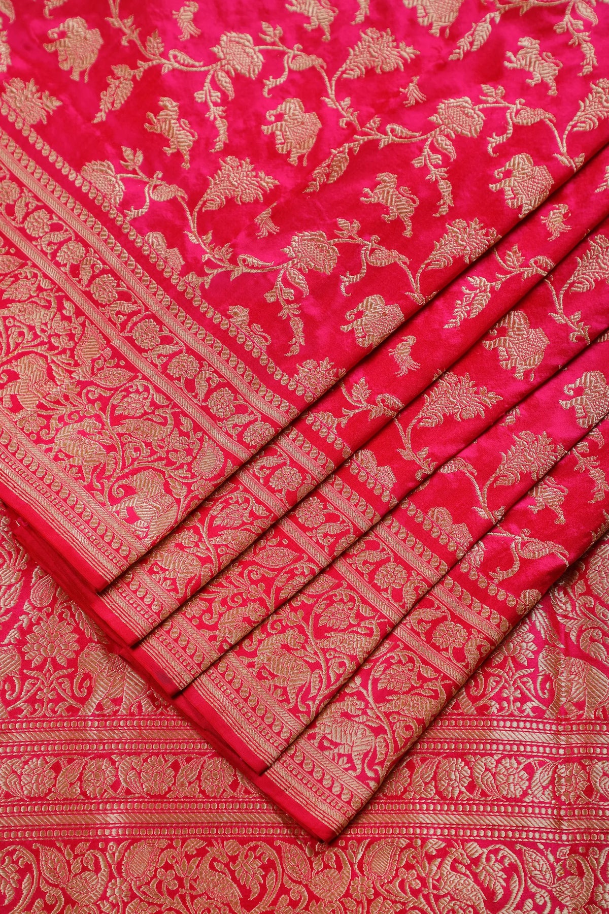 Hot Pink Handloom Real Zari Pure Silk Benarasi Saree with Shikargah Design