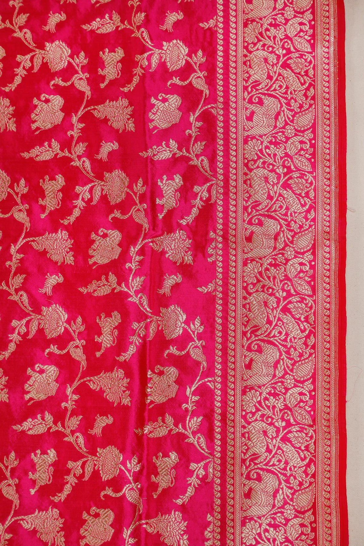 Hot Pink Handloom Real Zari Pure Silk Benarasi Saree with Shikargah Design