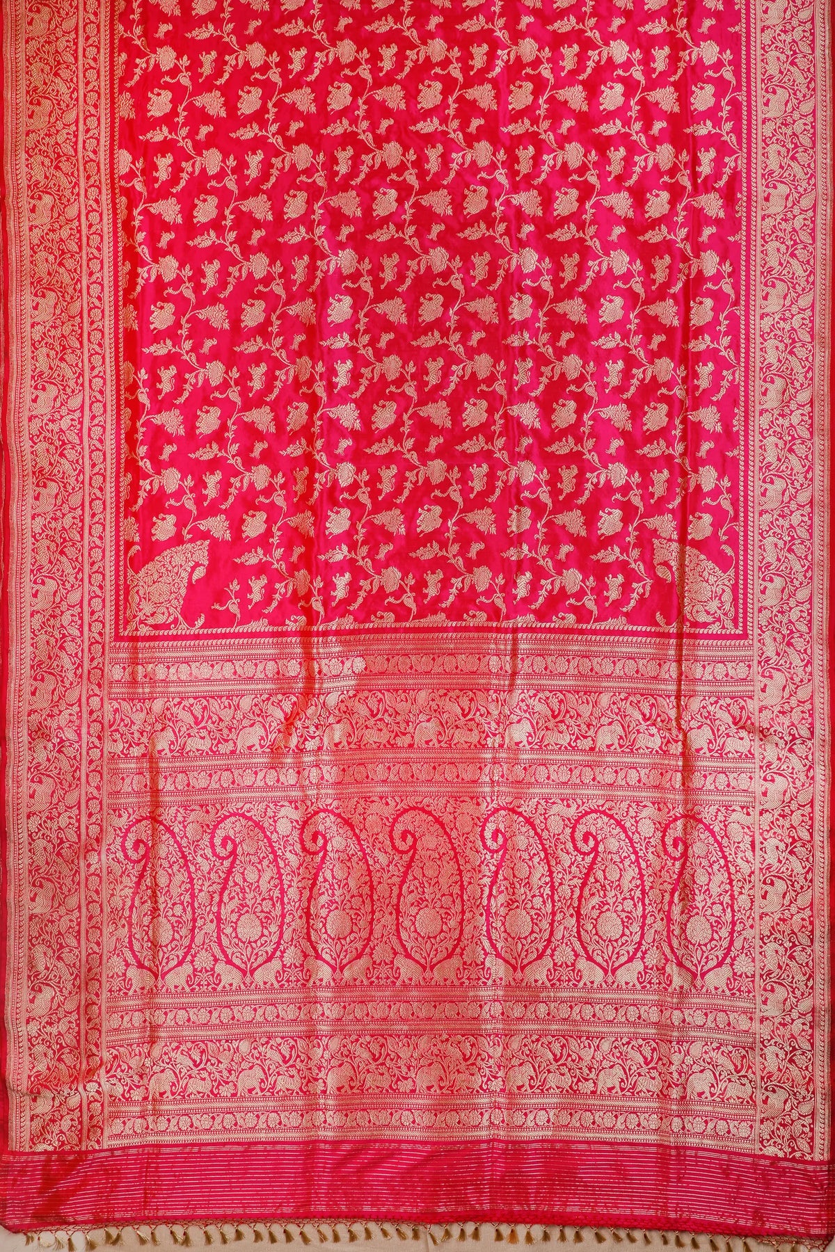 Hot Pink Handloom Real Zari Pure Silk Benarasi Saree with Shikargah Design