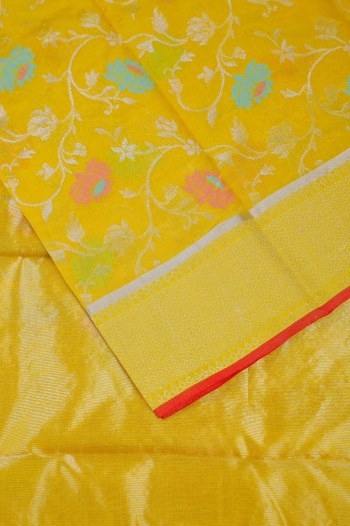 Lemon Yellow Handloom Katan Silk Chanderi Saree