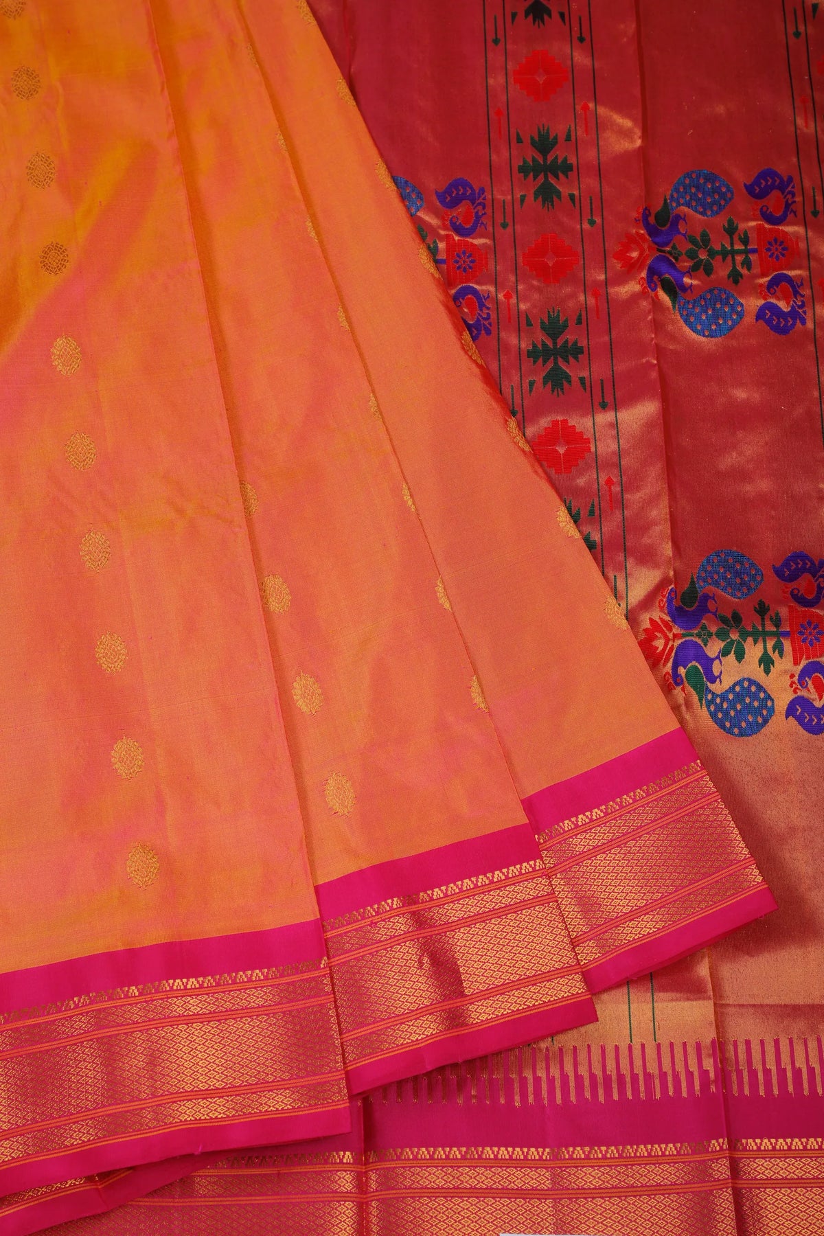 Peach Pink Handloom Pure Silk Gadwal Saree - Kalanjali Paithani