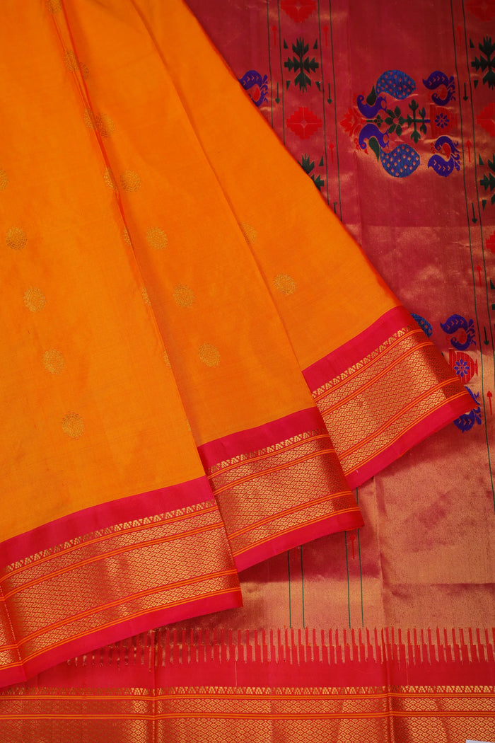 Mango Yellow Handloom Pure Silk Gadwal Saree - Kalanjali Paithani
