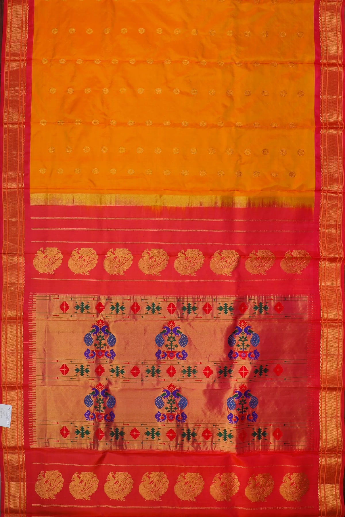 Mango Yellow Handloom Pure Silk Gadwal Saree - Kalanjali Paithani