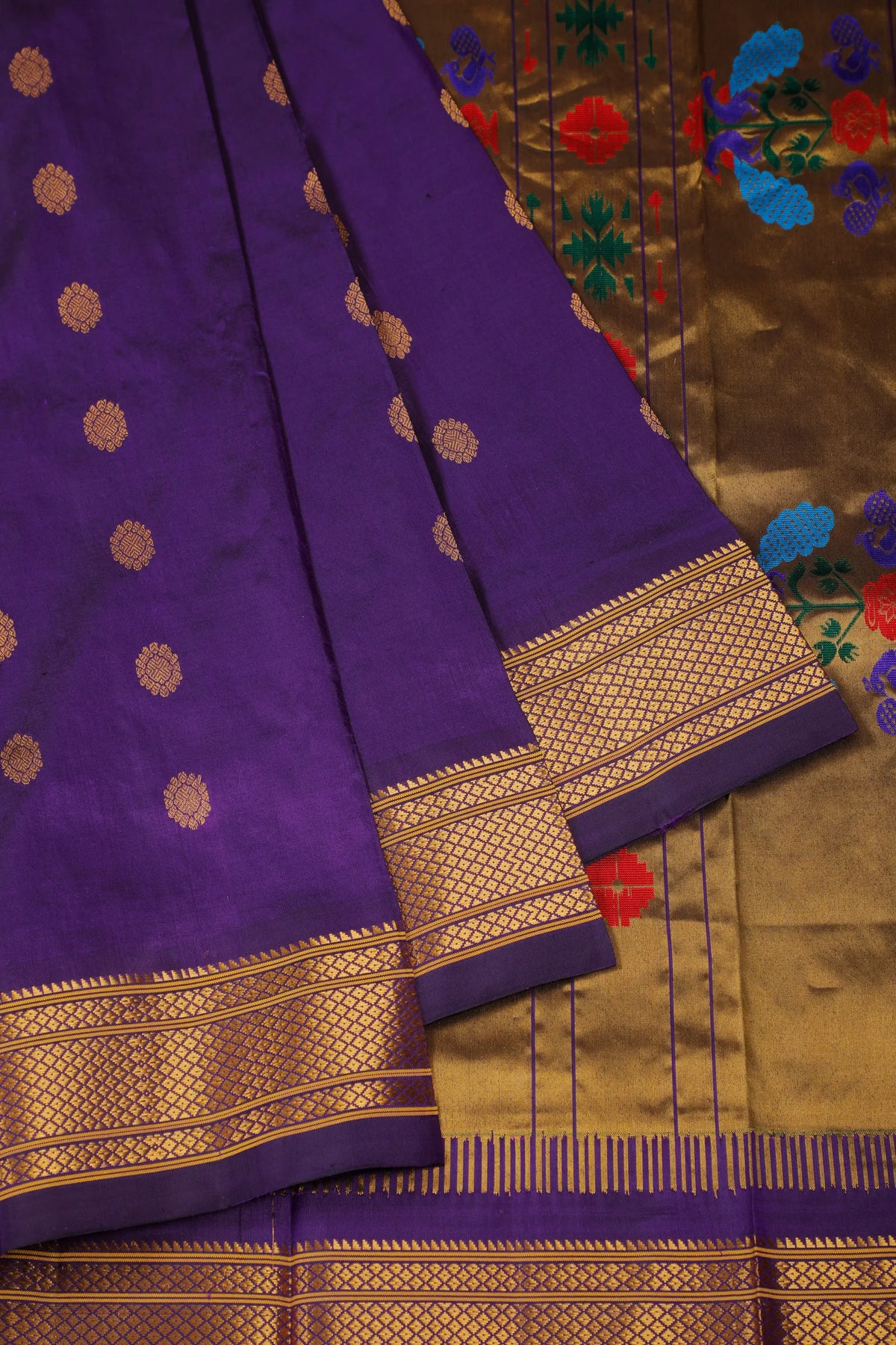 Dark Purple Handloom Pure Silk Gadwal Saree - Kalanjali Paithani
