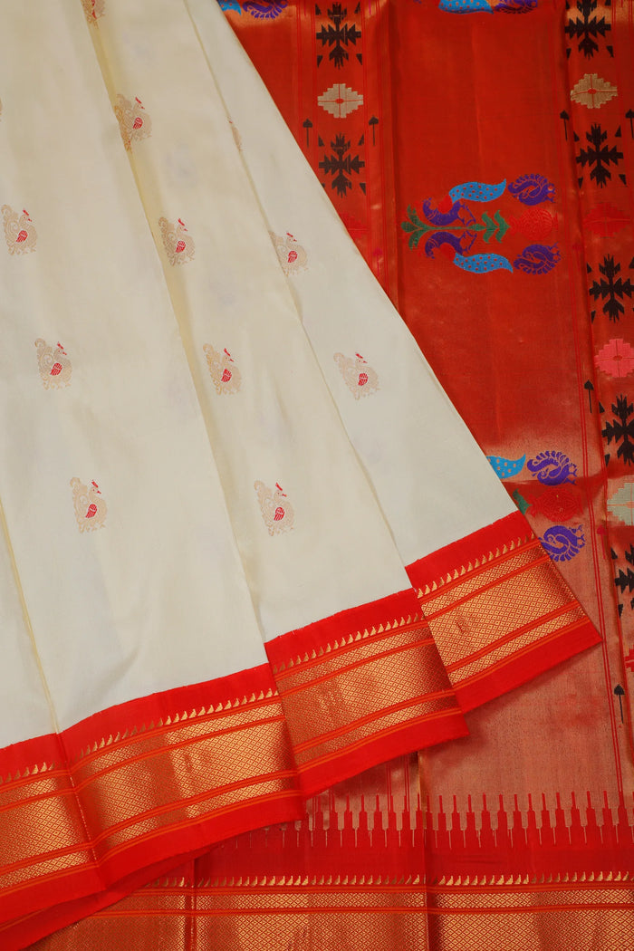 Pearl White Handloom Pure Silk Gadwal Saree - Kalanjali Paithani