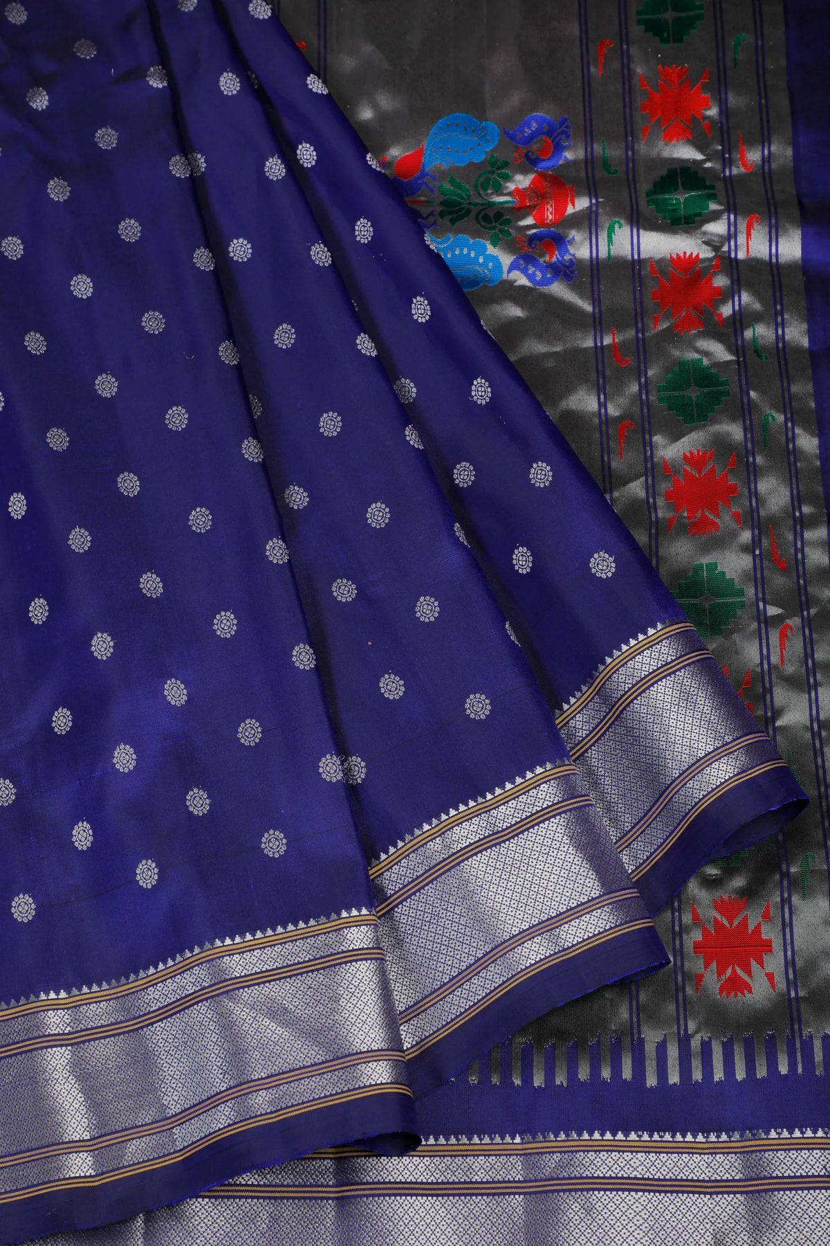 Navy Blue Handloom Pure Silk Gadwal Saree - Kalanjali Paithani