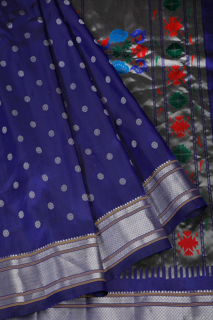 Navy Blue Handloom Pure Silk Gadwal Saree - Kalanjali Paithani