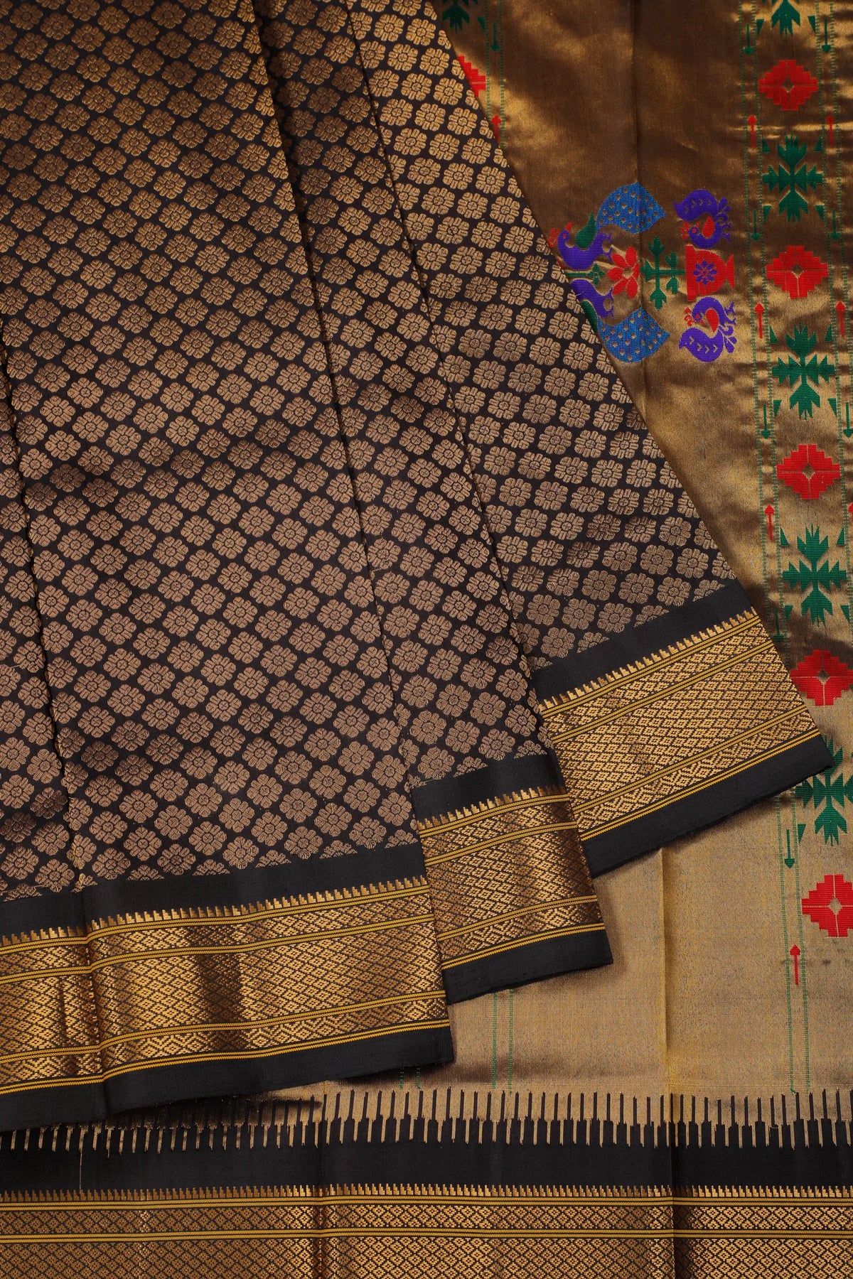 Coffee Brown Handloom Pure Silk Gadwal Saree - Kalanjali Paithani in Brocade Pattern