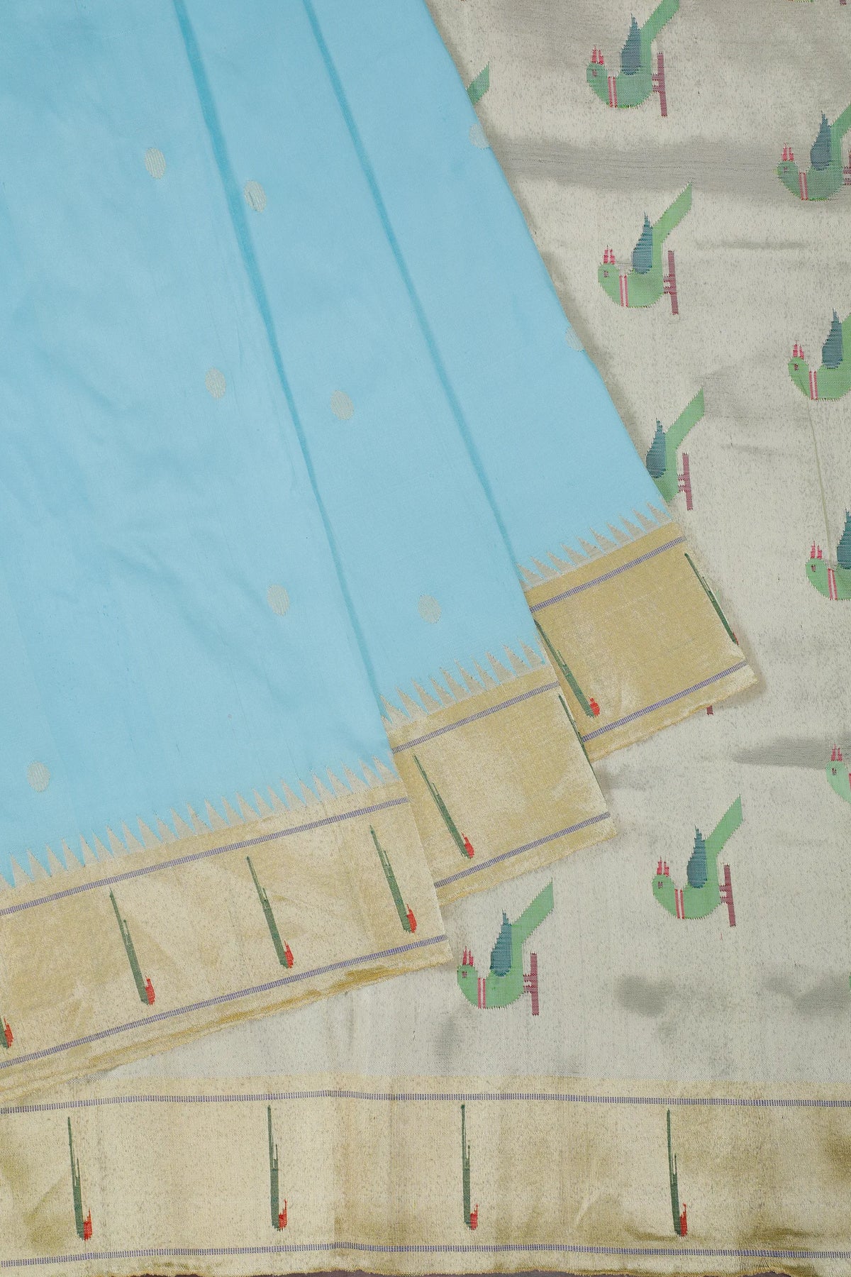 Sky Blue Handloom Pure Silk Muniya Paithani Saree with Parrot Motifs