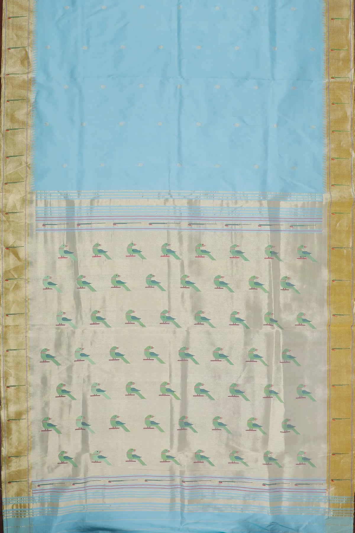 Sky Blue Handloom Pure Silk Muniya Paithani Saree with Parrot Motifs