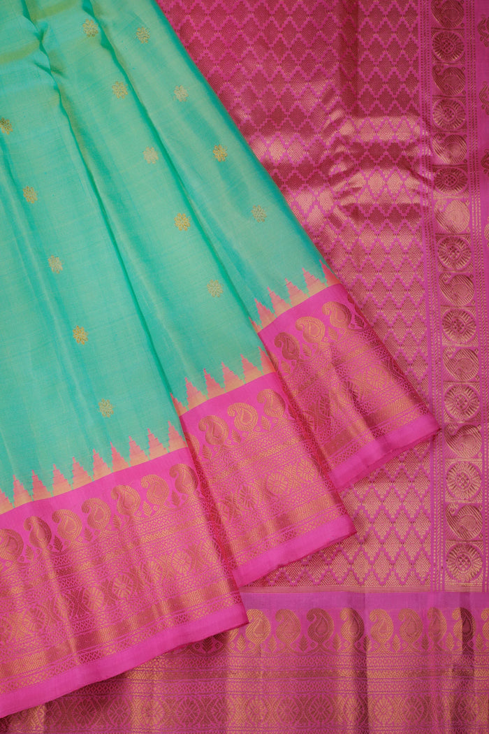 Pista Green Handloom Pure Silk Gadwal Saree with Neon Pink Border