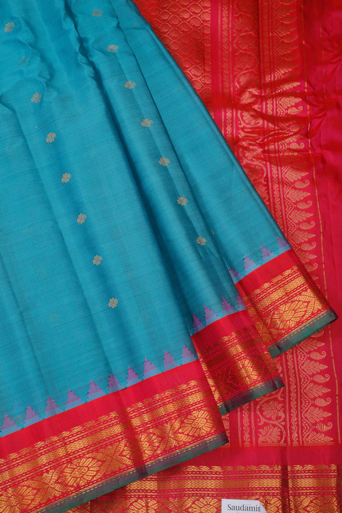 Peacock Blue Handloom Pure Silk Cotton (Sico) Gadwal Saree