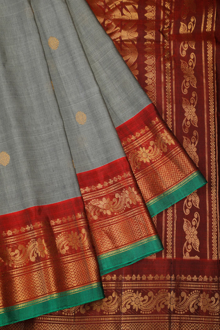 Grey Handloom Pure Silk Cotton (Sico) Gadwal Saree