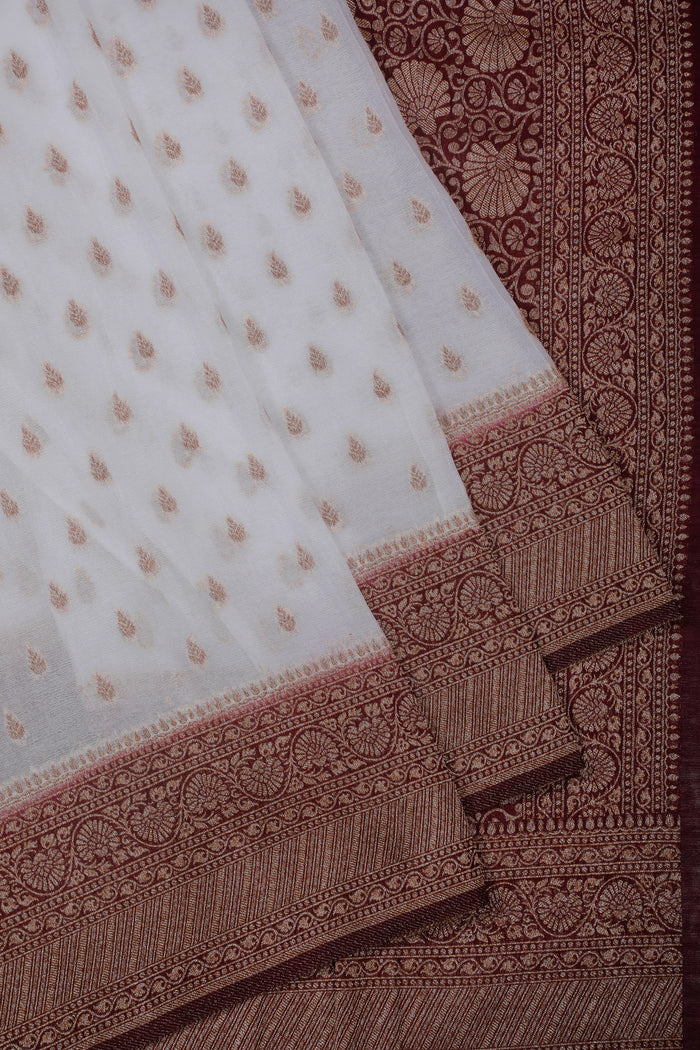 White Powerloom Designer Saree with Maroon Contrast