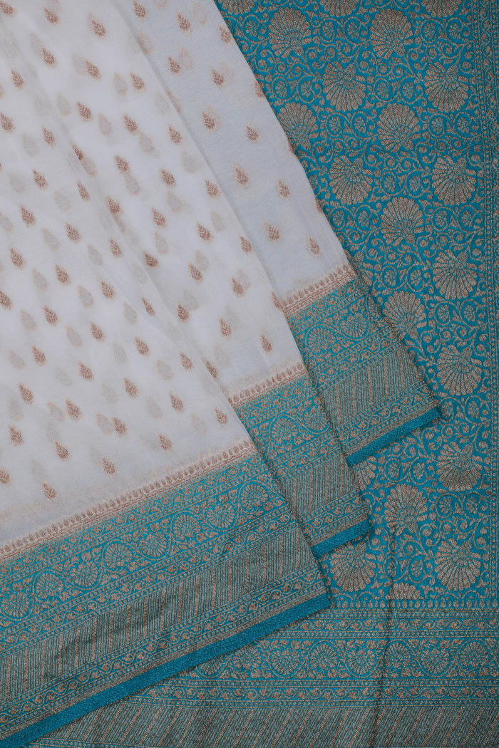 White Powerloom Designer Saree with Blue Contrast