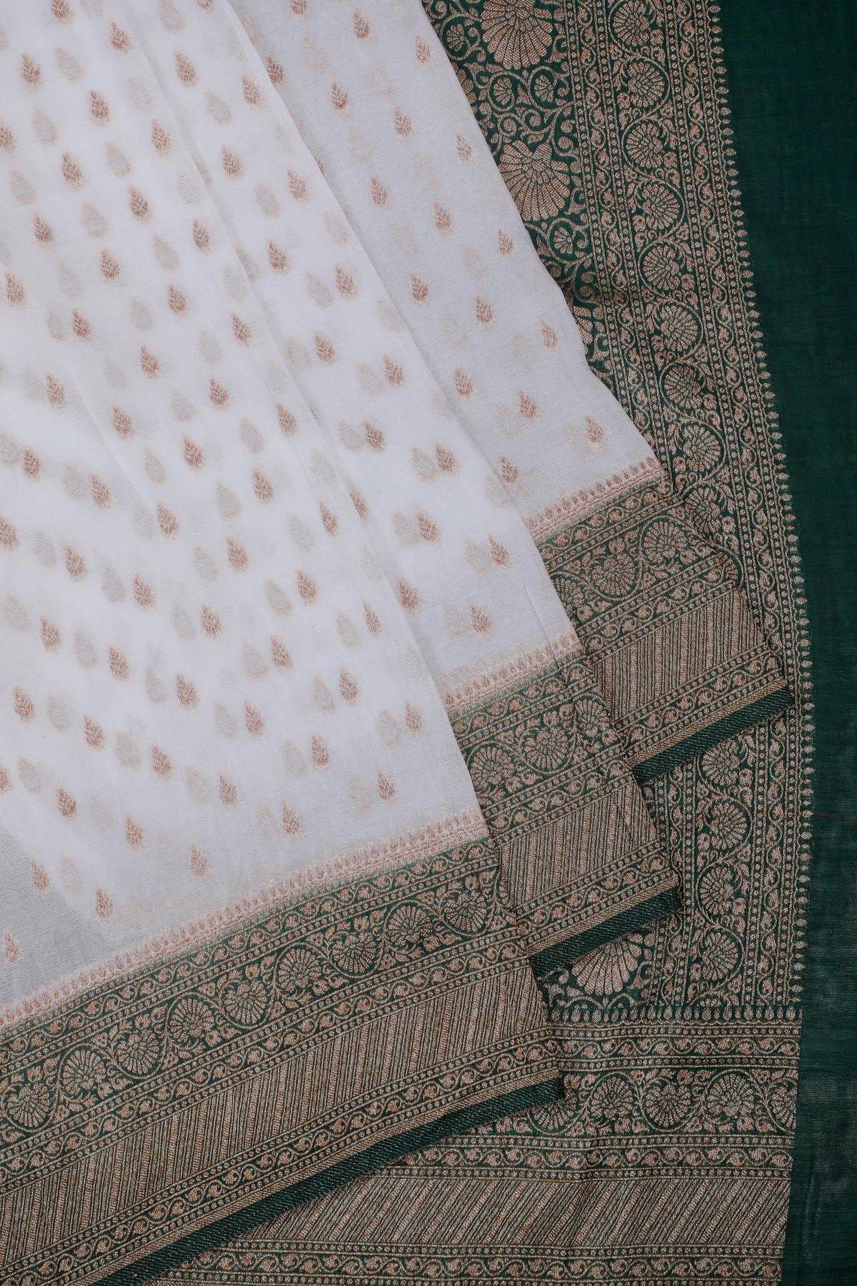 White Powerloom Designer Saree with Green Contrast