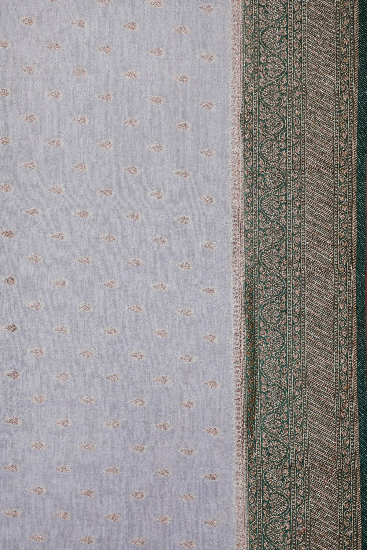 White Powerloom Designer Saree with Green Contrast