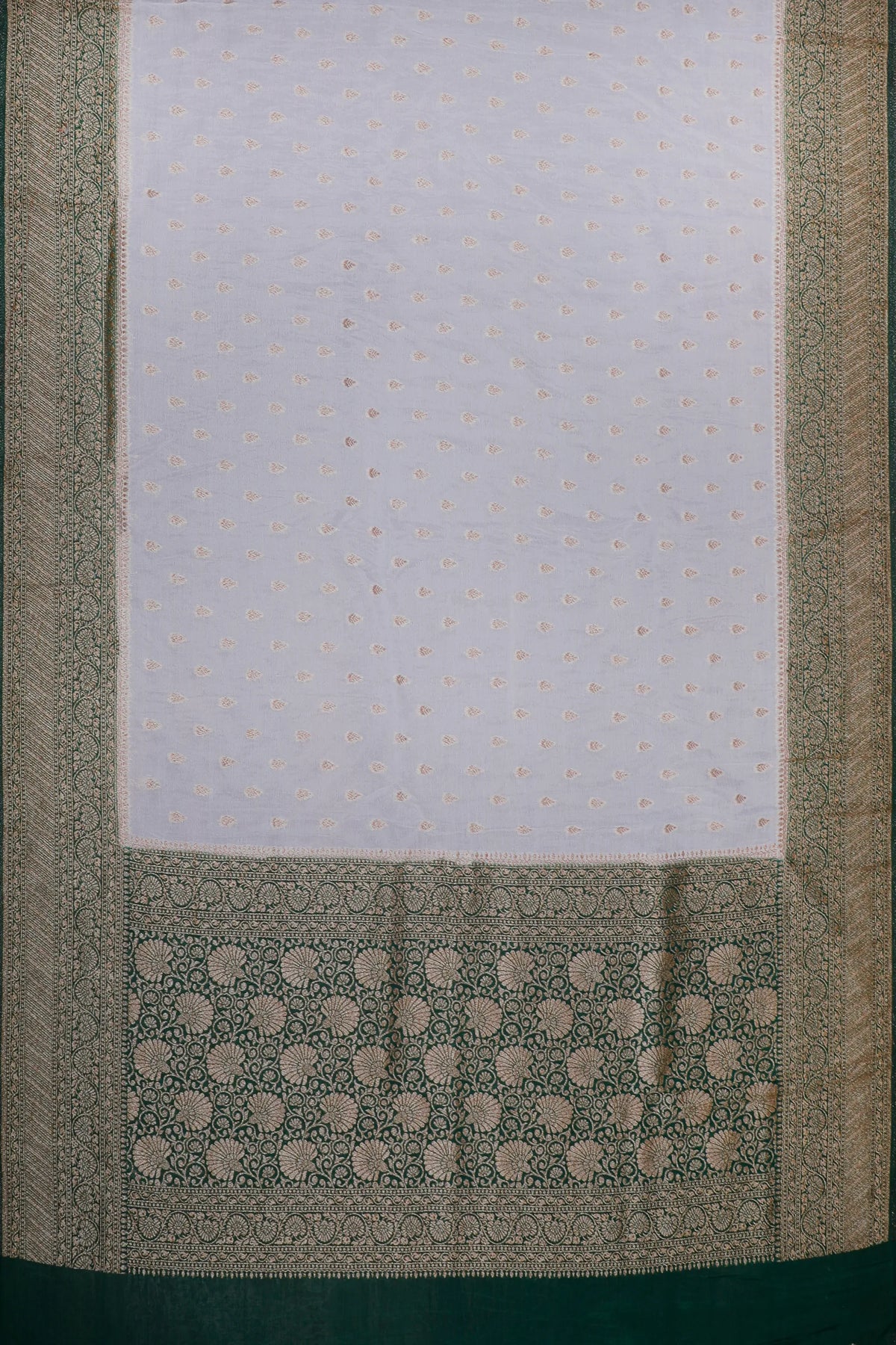 White Powerloom Designer Saree with Green Contrast