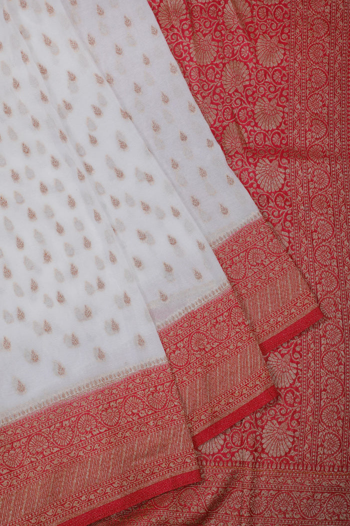 White Powerloom Designer Saree with Red Contrast
