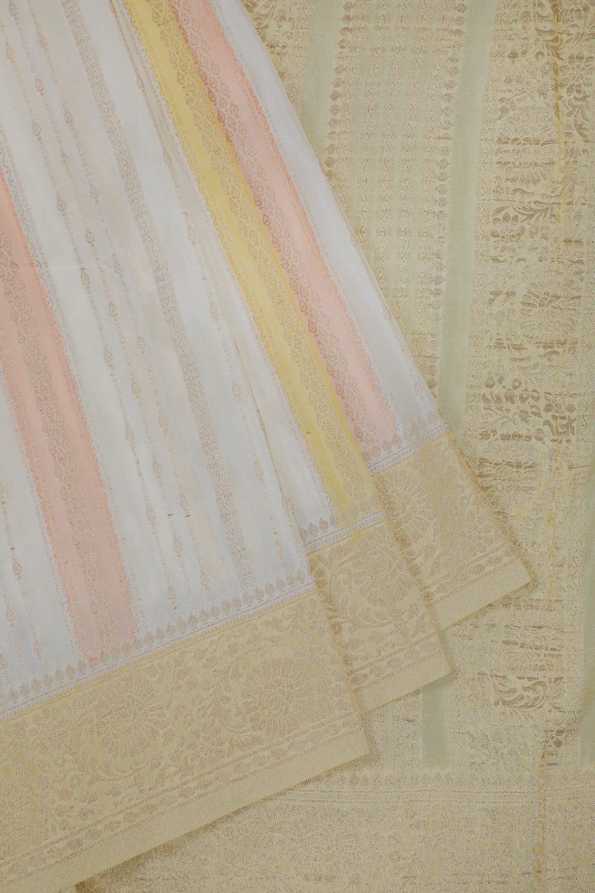 White Powerloom Designer Chiffon Saree with Lemon Yellow Border