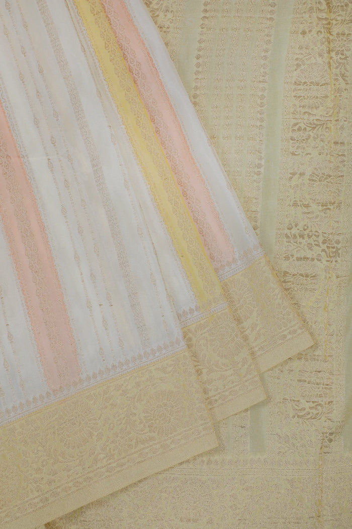 White Powerloom Designer Chiffon Saree with Lemon Yellow Border