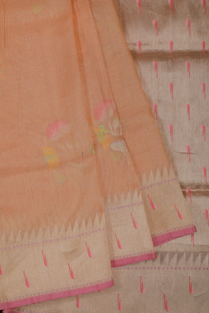 Light Peach Handloom Benarasi Jamdani Tissue Pure Silk Saree