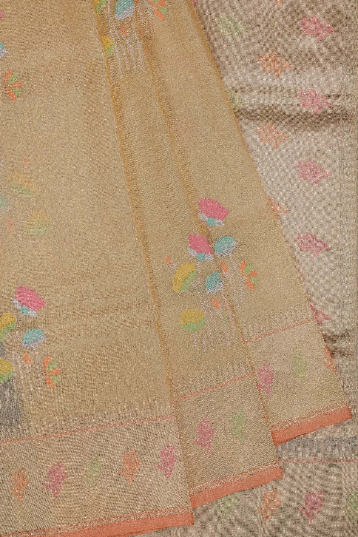 Lemon Yellow Handloom Benarasi Jamdani Tissue Pure Silk Saree