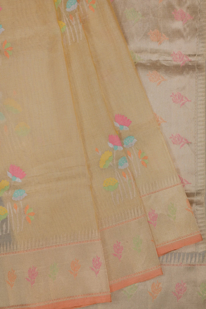 Lemon Yellow Handloom Benarasi Jamdani Tissue Pure Silk Saree