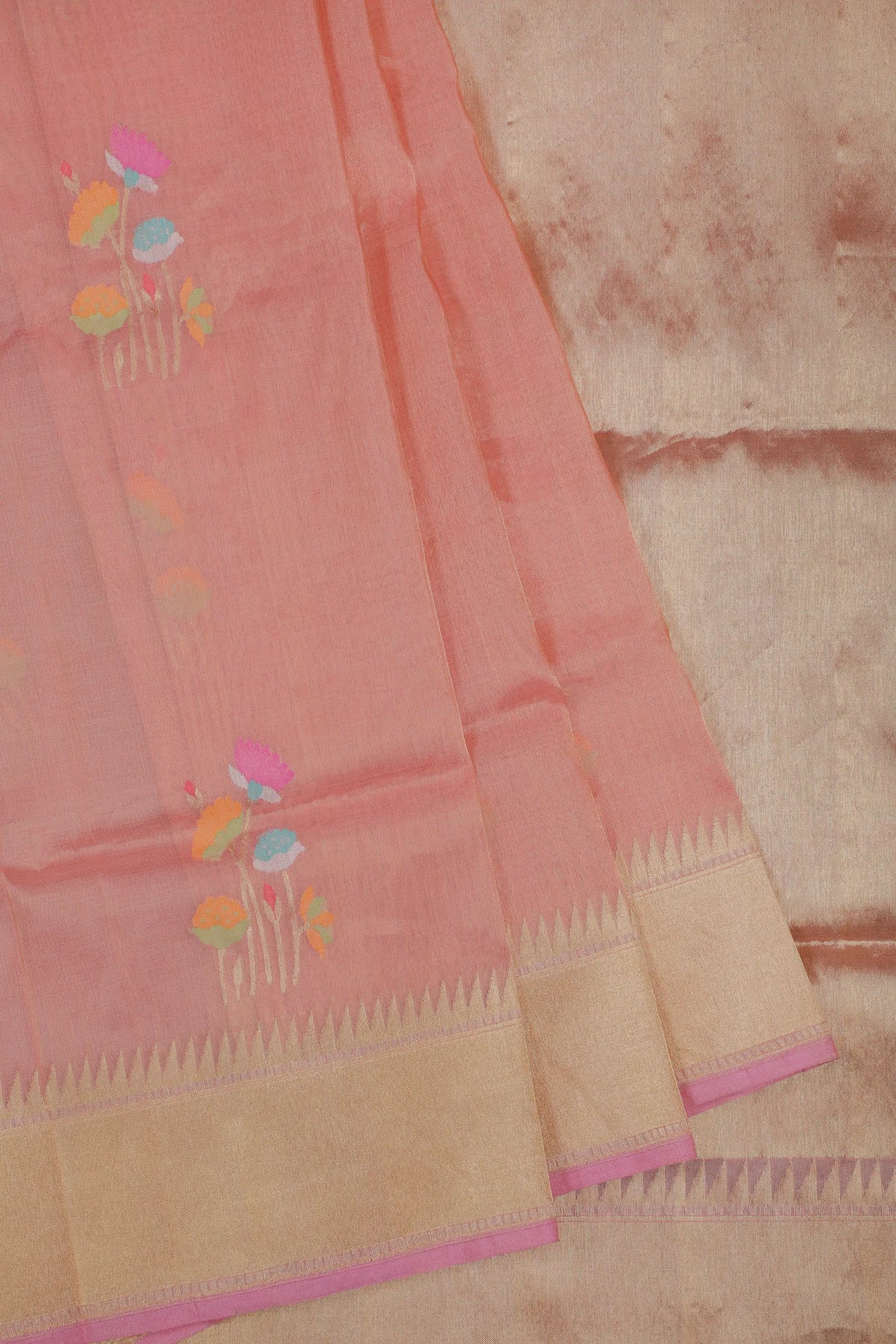 Peach Pink Handloom Benarasi Jamdani Tissue Pure Silk Saree