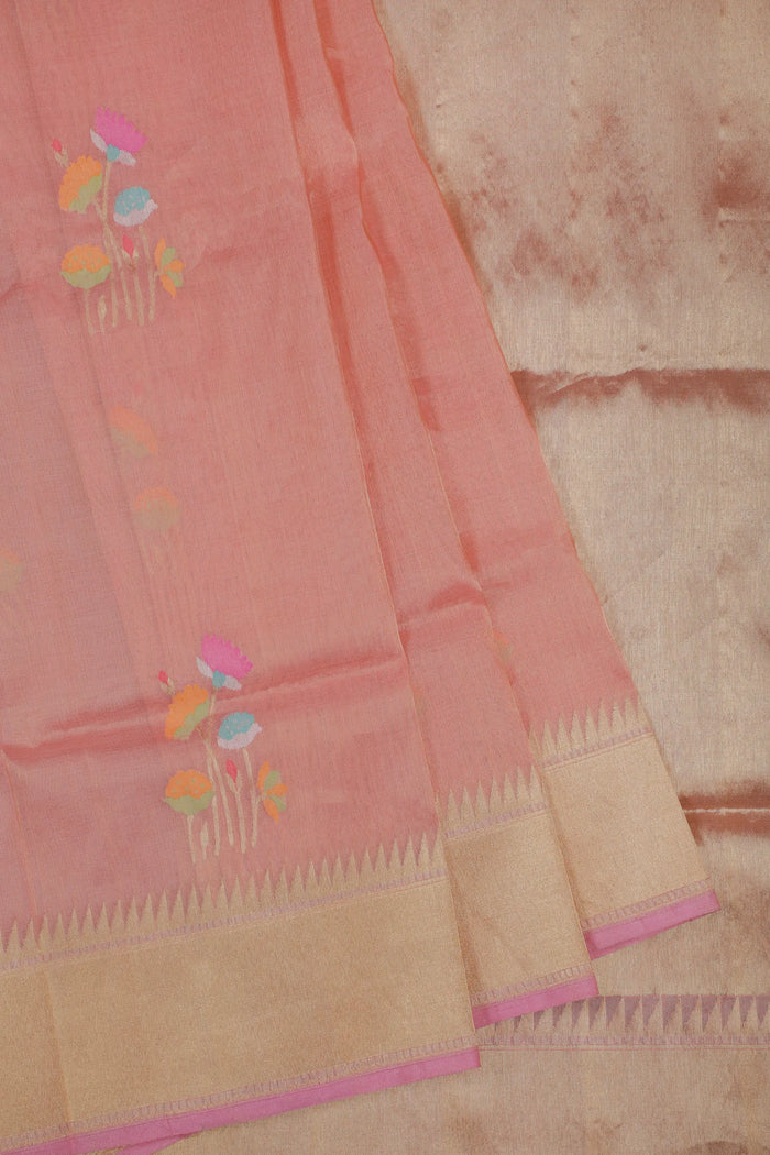 Peach Pink Handloom Benarasi Jamdani Tissue Pure Silk Saree