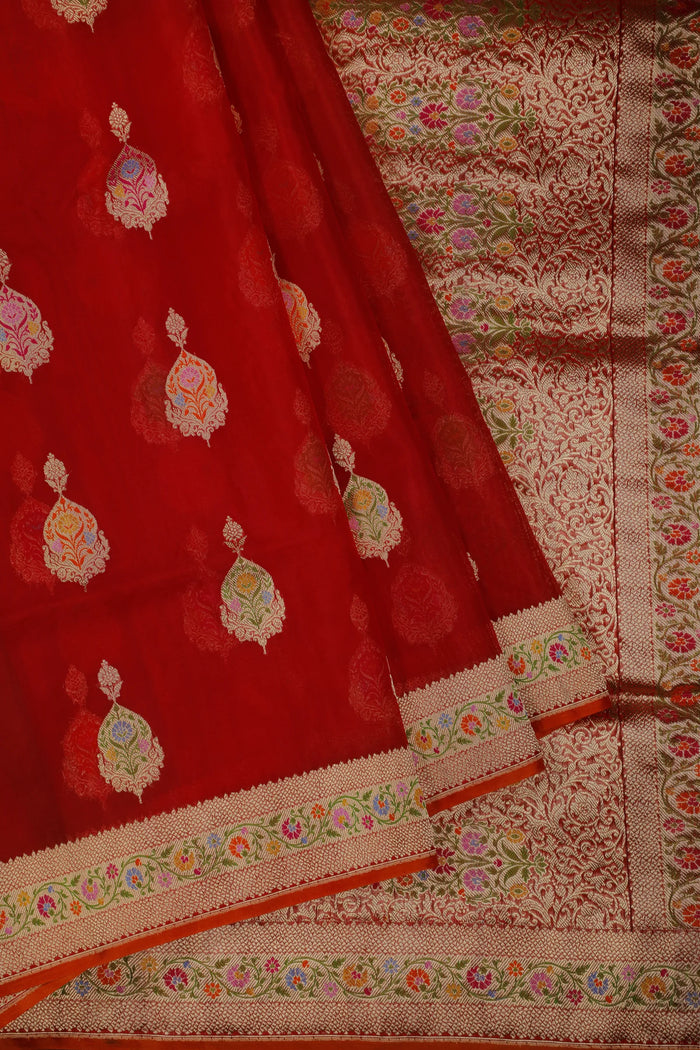 Red Handloom Benarasi Kora Silk Saree
