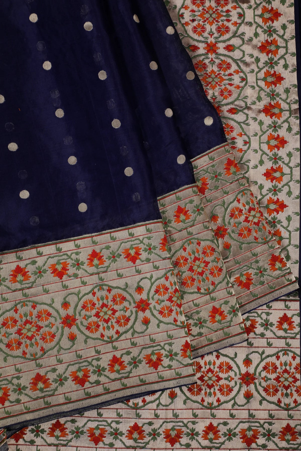 Navy Blue Handloom Benarasi Kora Silk Saree