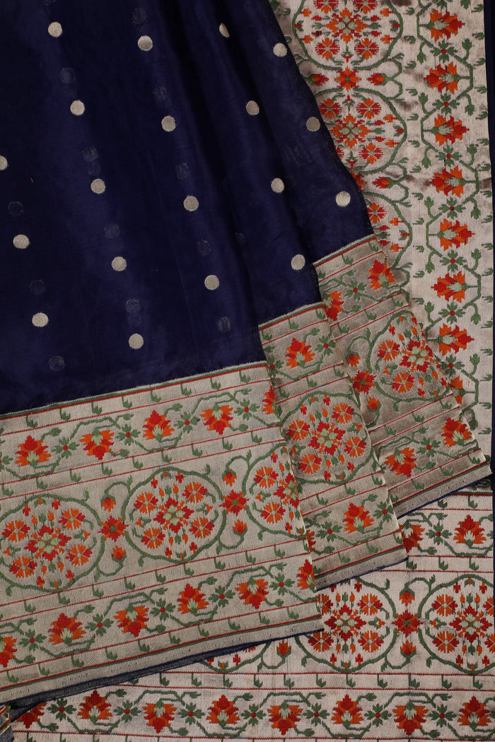 Navy Blue Handloom Benarasi Kora Silk Saree