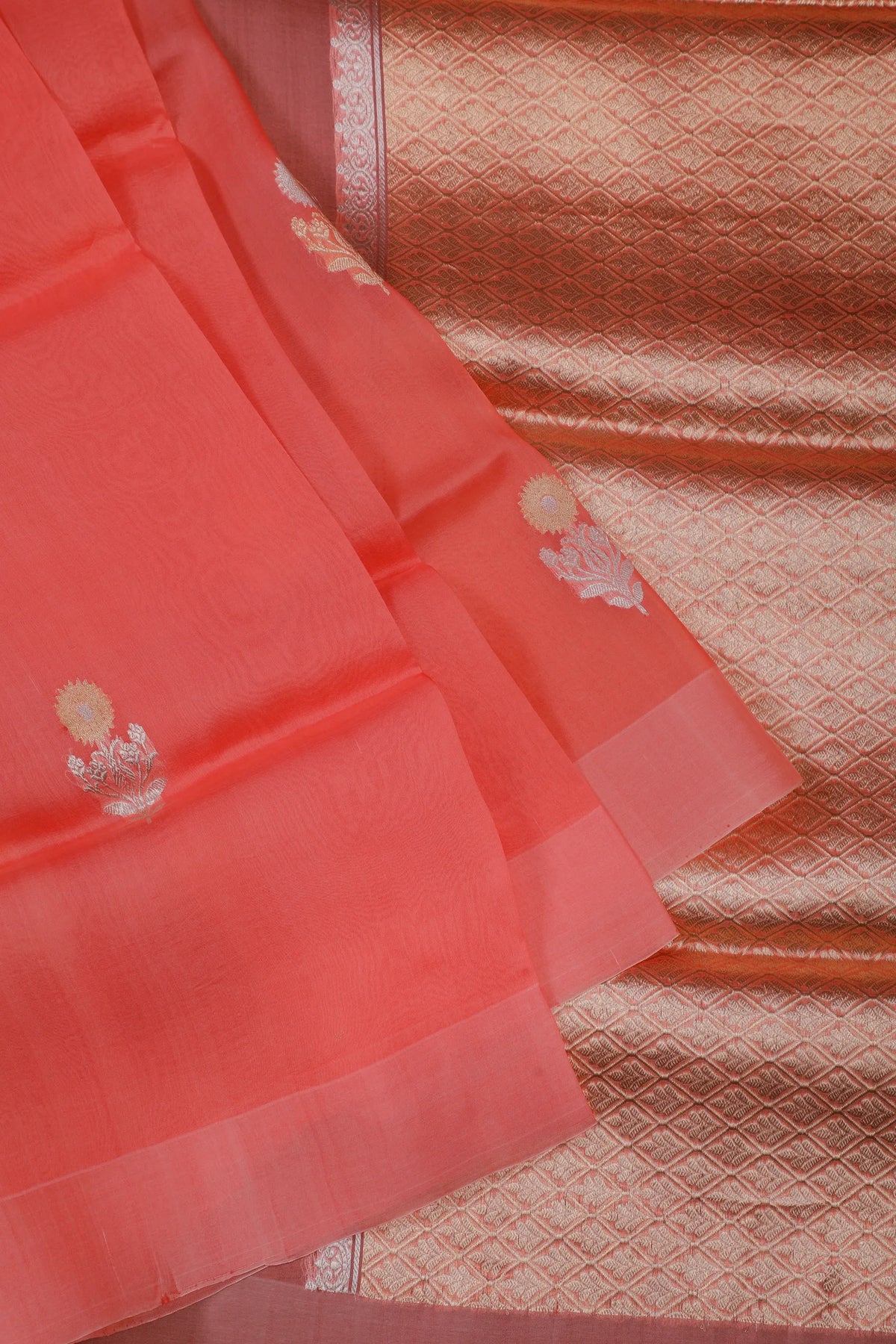 Peach Pink Handloom Benarasi Kora Silk Saree