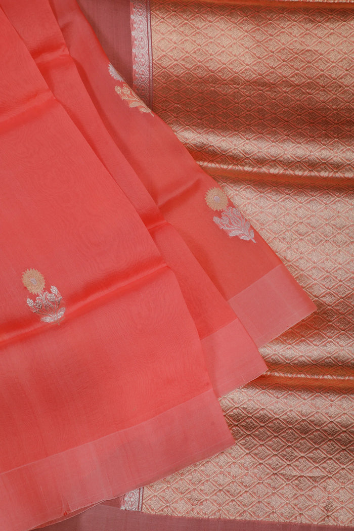 Peach Pink Handloom Benarasi Kora Silk Saree