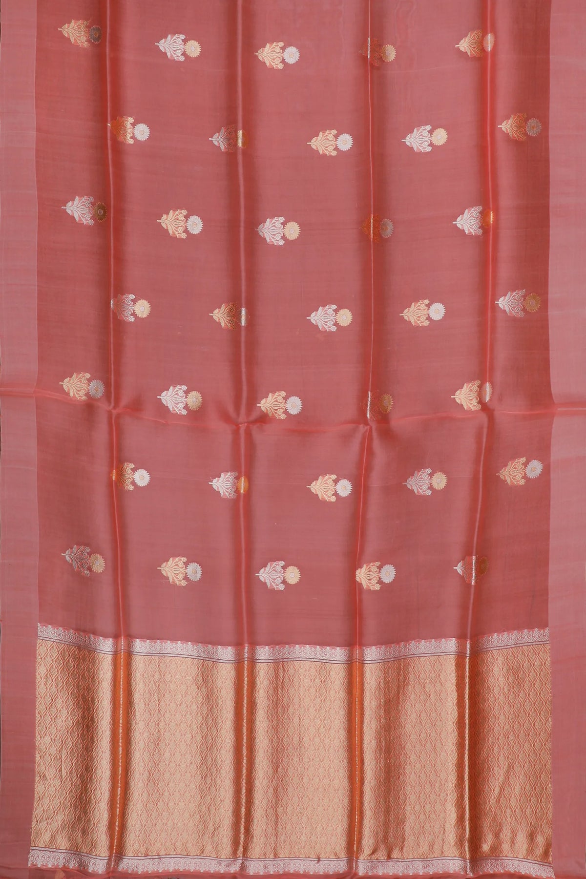 Peach Pink Handloom Benarasi Kora Silk Saree