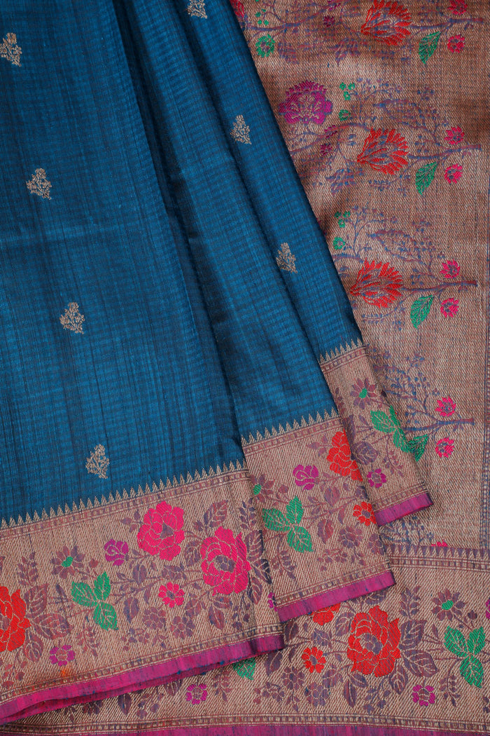 Blue Handloom Benarasi Dupion Ahimsa Silk Saree - Kadhua Weave