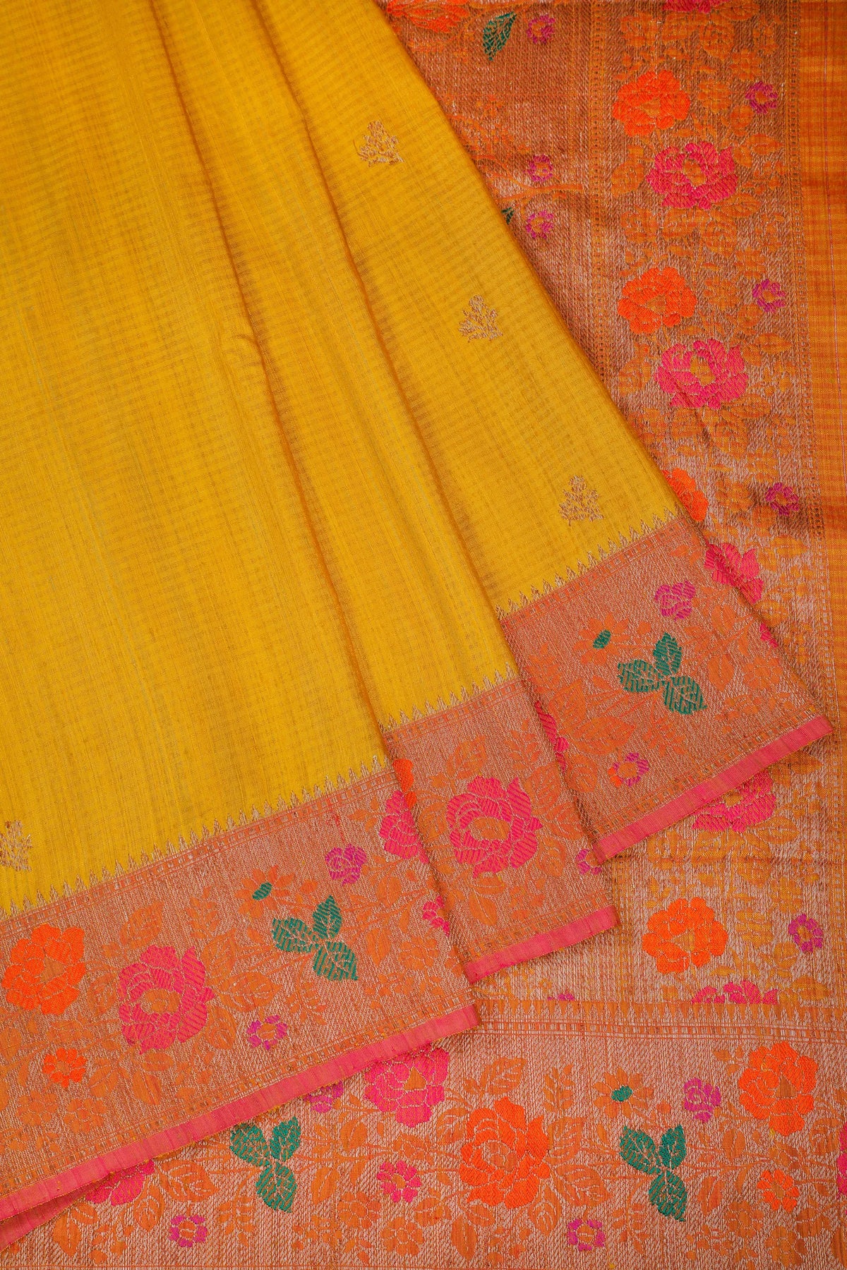 Mustard Yellow Handloom Benarasi Dupion Ahimsa Silk Saree - Kadhua Weave