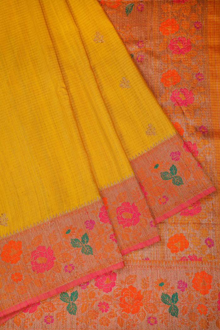 Mustard Yellow Handloom Benarasi Dupion Ahimsa Silk Saree - Kadhua Weave - detail 1