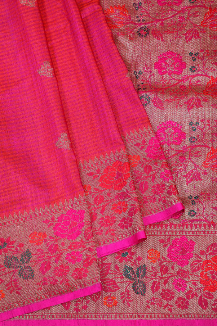 Pink Handloom Benarasi Dupion Ahimsa Silk Saree - Kadhua Weave