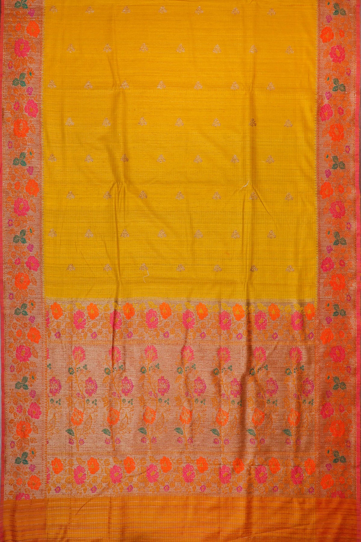 Mustard Yellow Handloom Benarasi Dupion Ahimsa Silk Saree - Kadhua Weave