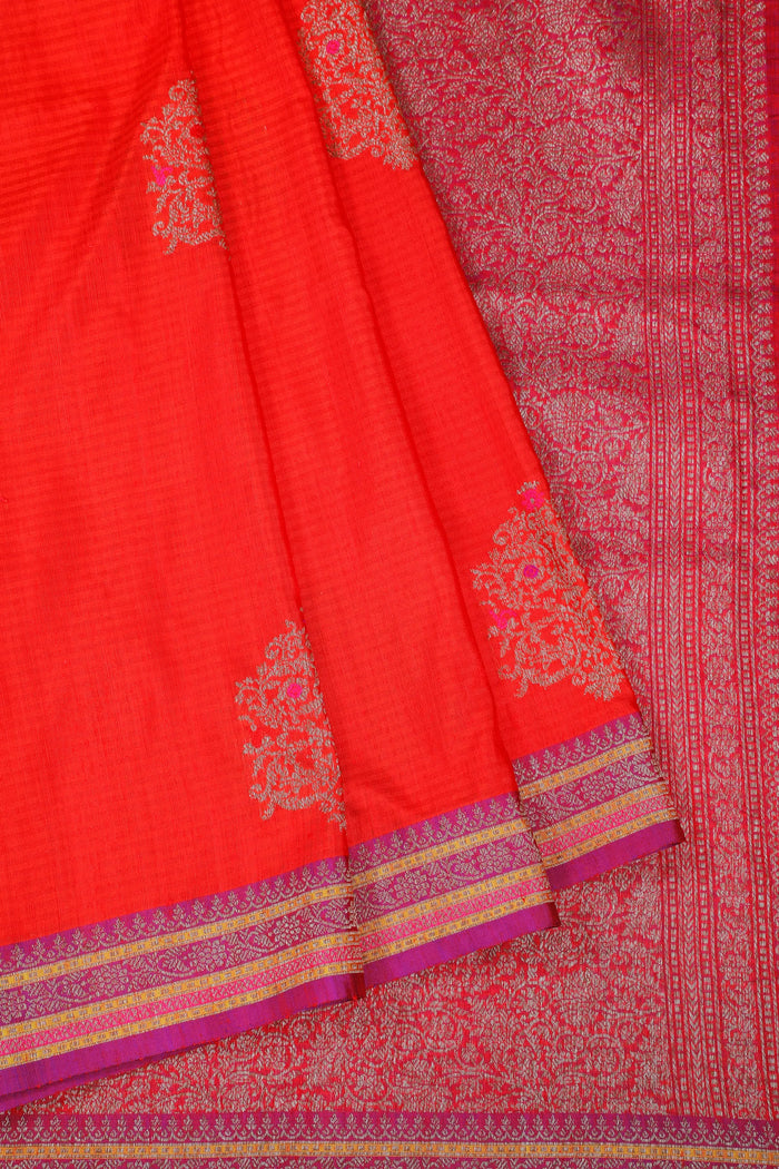 Orange Handloom Benarasi Dupion Ahimsa Silk Saree - Kadhua Weave