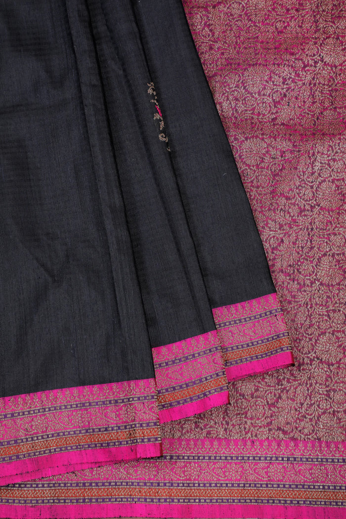 Black Handloom Benarasi Dupion Ahimsa Silk Saree - Kadhua Weave