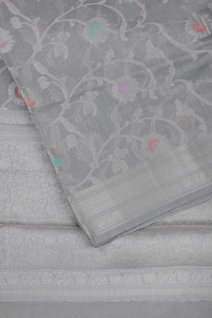 Grey Powerloom Benarasi Cotton Saree